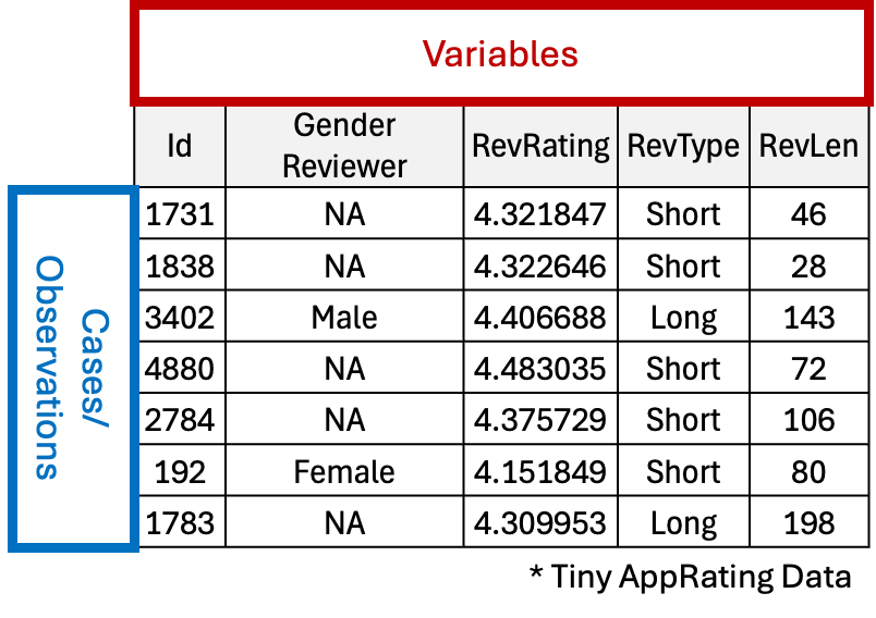 cases and variables in a rectangular spreadsheet